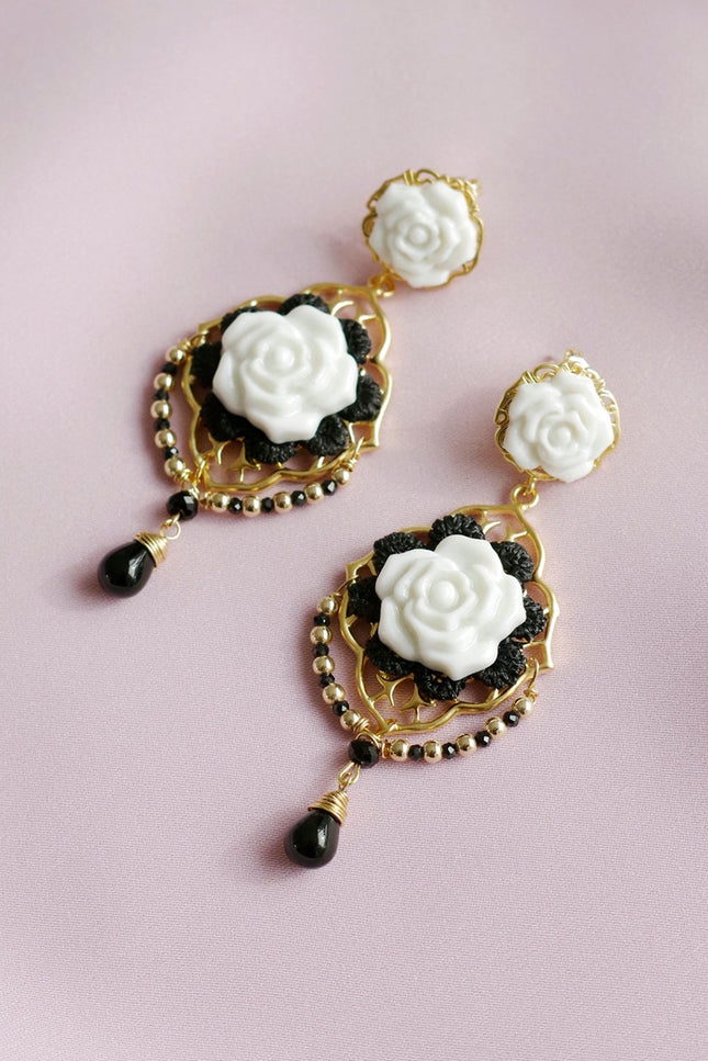 Poporcelain | Classic Baroque Rose Statement Drop Earrings