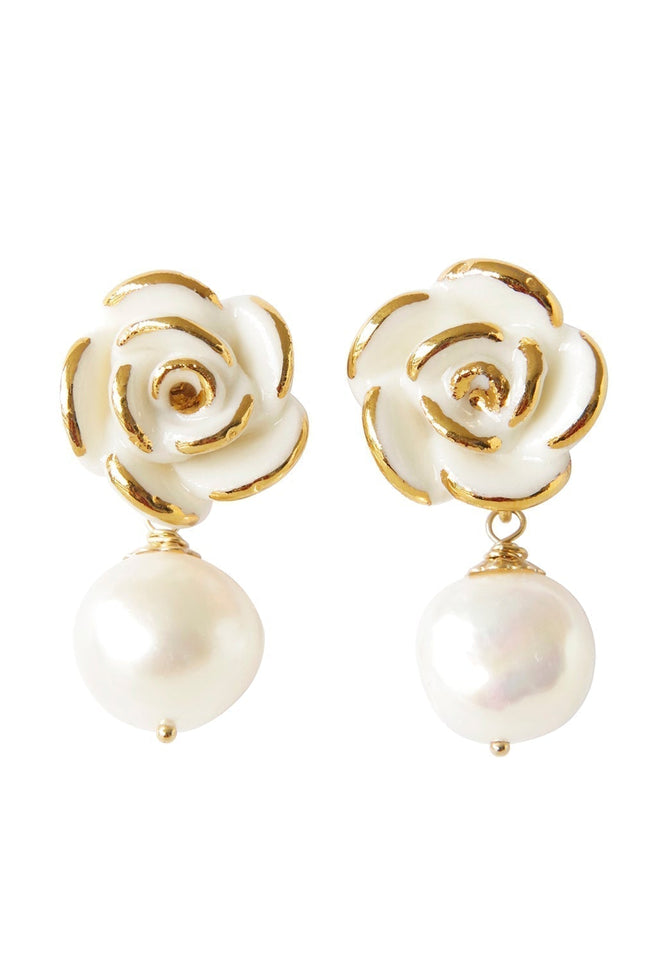 Poporcelain | White Cloud Rose Pearl Drop Earrings