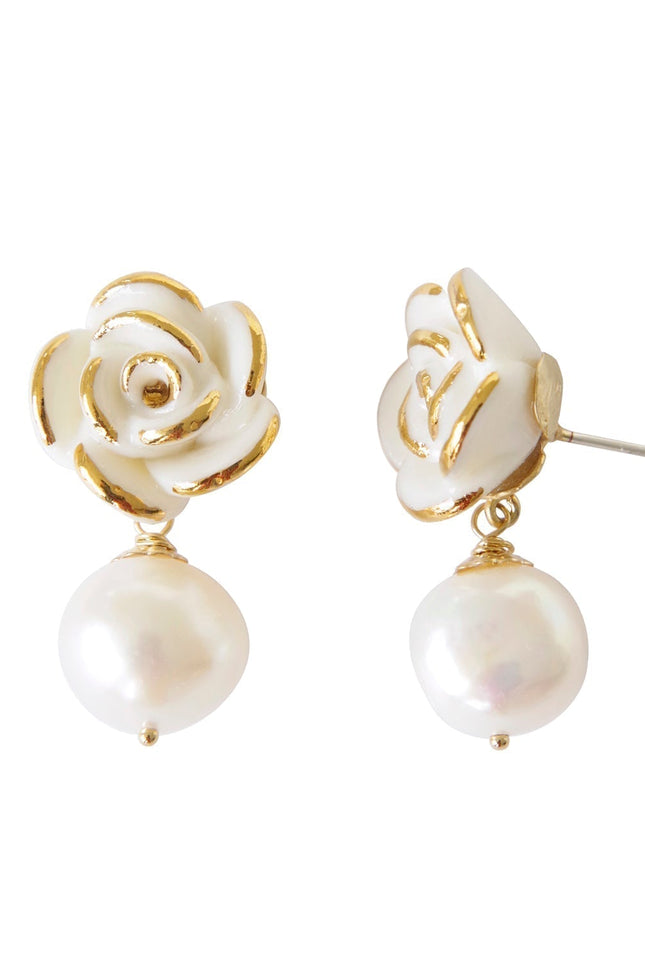Poporcelain | White Cloud Rose Pearl Drop Earrings