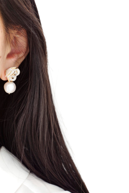 Poporcelain | White Cloud Rose Pearl Drop Earrings