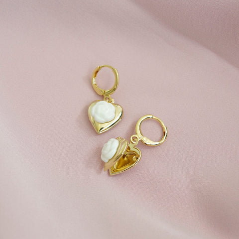 Poporcelain | Camellia Heart Locket Drop Earrings