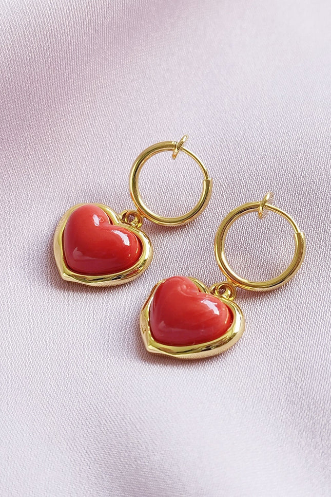 Poporcelain | Red Heart Clip-On Hoop Earrings