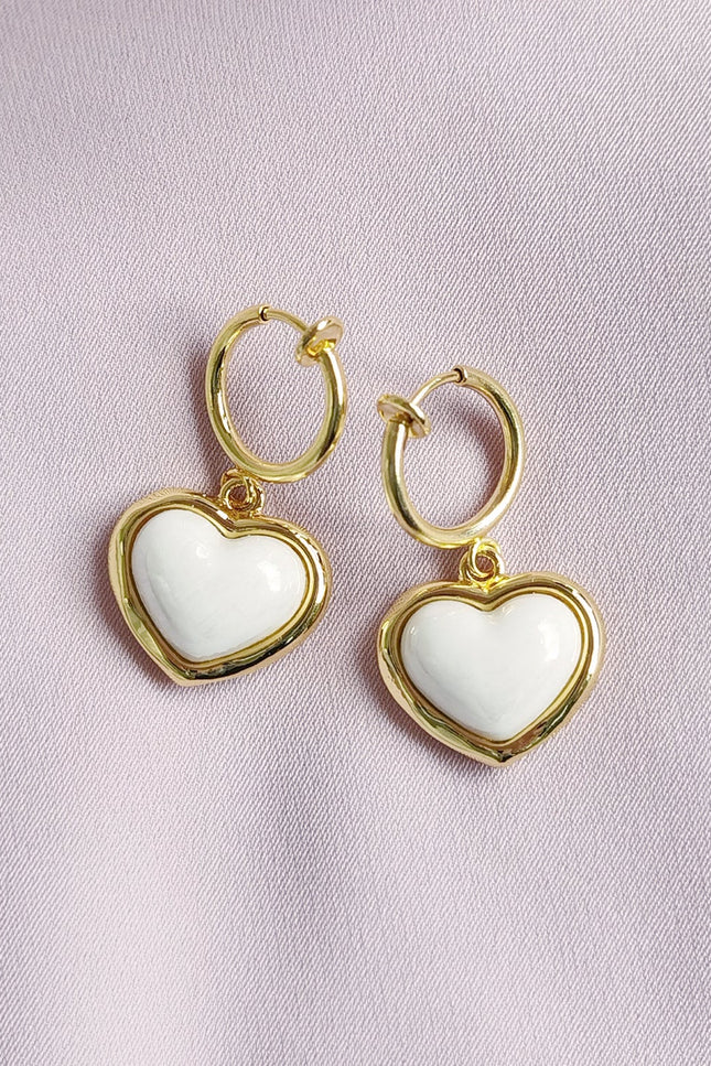 Poporcelain | Pearly White Heart Clip-On Hoop Earrings