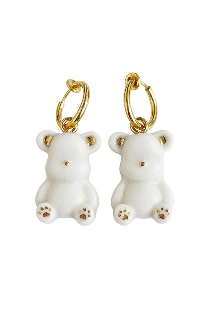 Poporcelain | Eleganckie białe kolczyki Porcelana z misiem