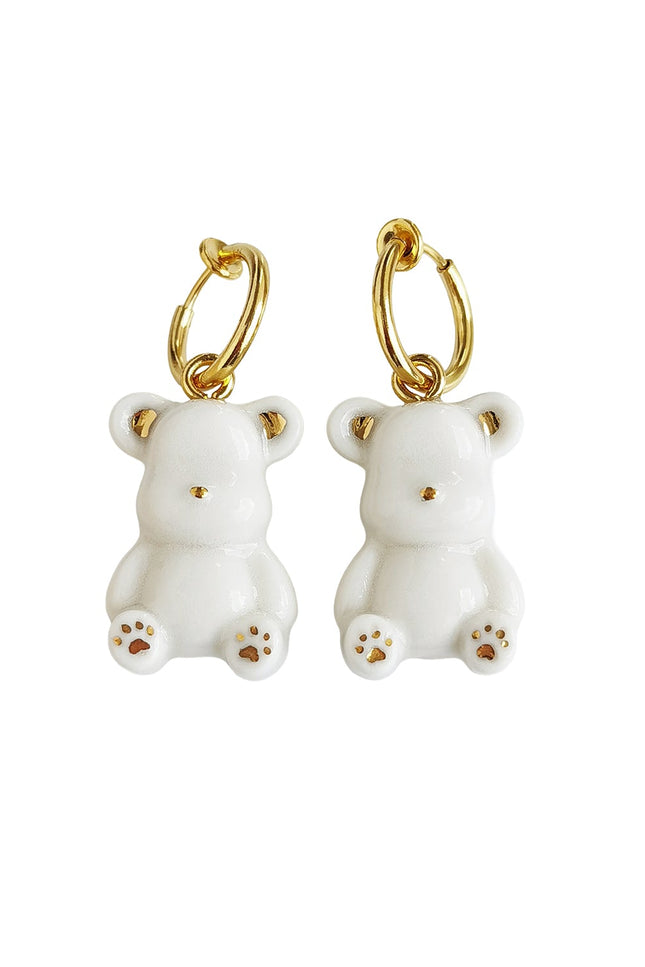 Poporcelain | Eleganckie białe kolczyki Porcelana z misiem