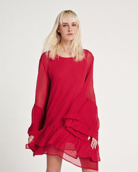 Elizabeth LaGre | Rose Red Ruffled Sheer Dress