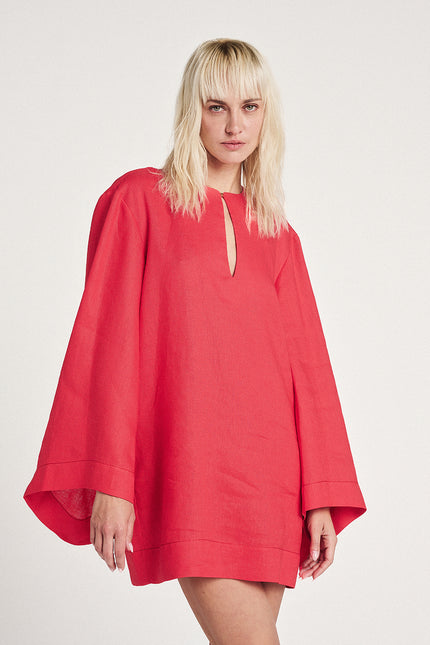 Elizabeth LaGre | Coral Red Linen Wide Sleeve Mini Dress