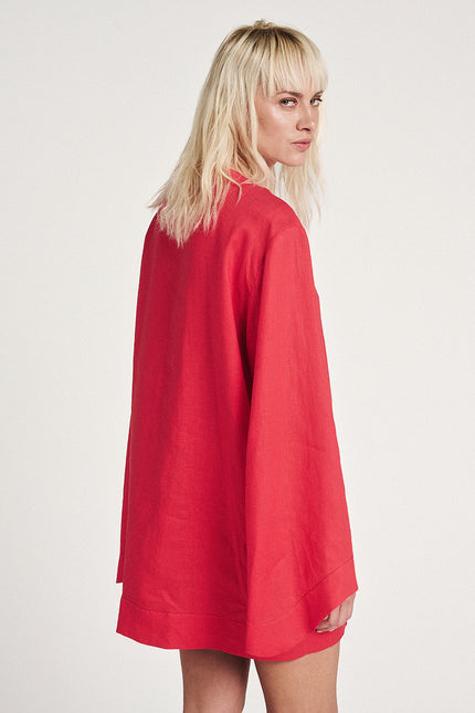 Elizabeth LaGre | Coral Red Linen Wide Sleeve Mini Dress