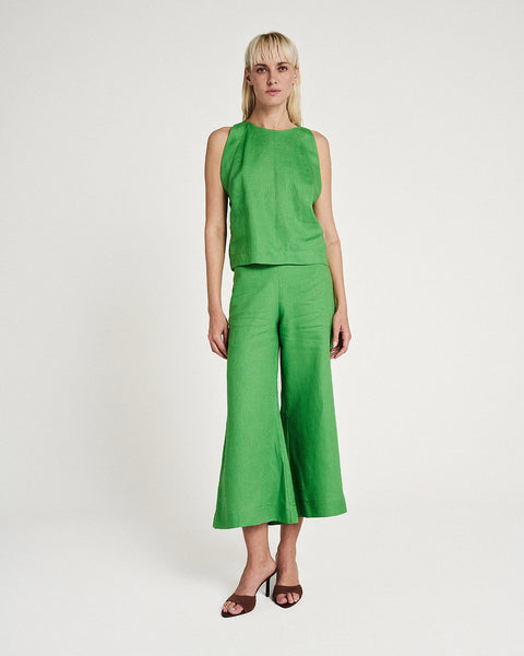 Elizabeth LaGre | Green Linen Flared Cropped Trousers