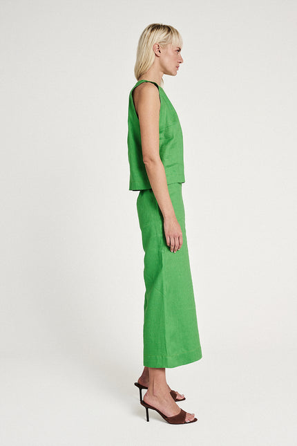 Elizabeth LaGre | Green Linen Flared Cropped Trousers