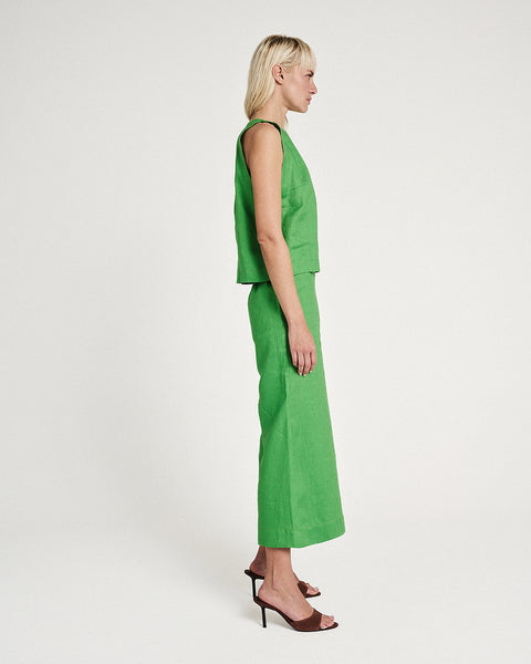 Elizabeth LaGre | Green Linen Flared Cropped Trousers