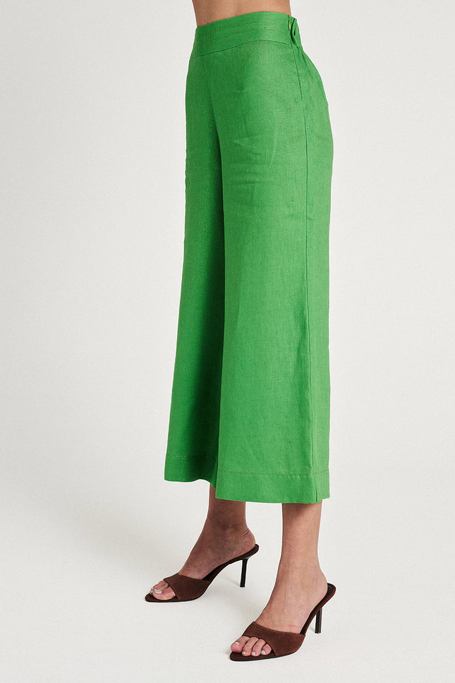Elizabeth LaGre | Green Linen Flared Cropped Trousers