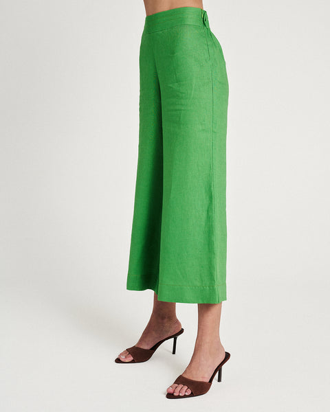 Elizabeth LaGre | Green Linen Flared Cropped Trousers