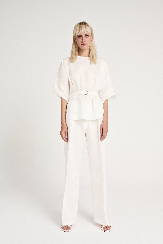 Elizabeth LaGre | Ivory Linen Pleated Wide Leg Trousers