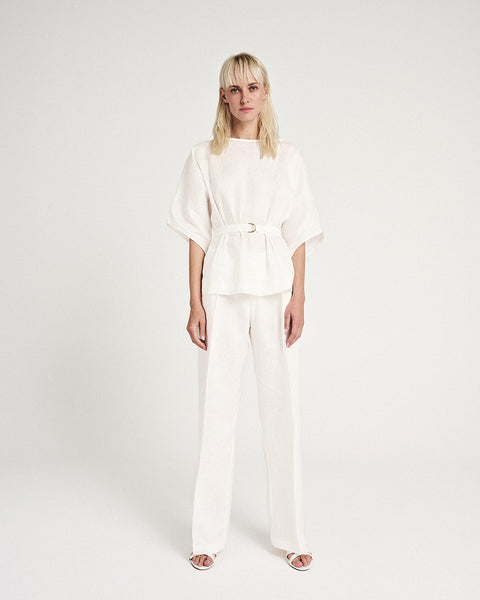 Elizabeth LaGre | Ivory Linen Pleated Wide Leg Trousers