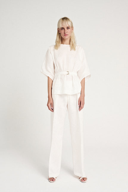 Elizabeth LaGre | Ivory Linen Belted Silhouette Top