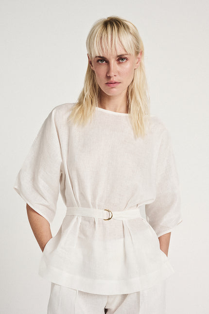 Elizabeth LaGre | Ivory Linen Belted Silhouette Top