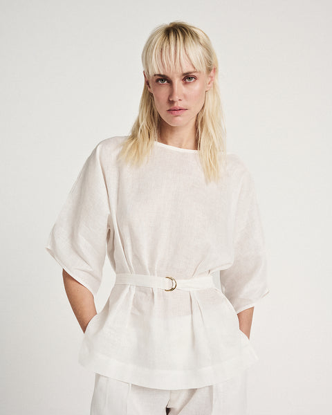 Elizabeth LaGre | Ivory Linen Belted Silhouette Top