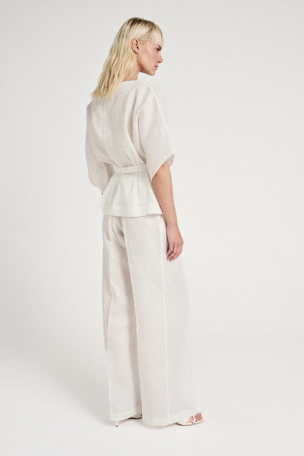 Elizabeth LaGre | Ivory Linen Pleated Wide Leg Trousers