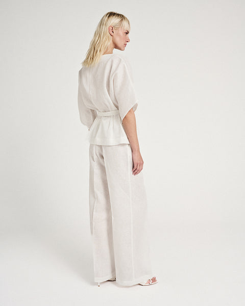 Elizabeth LaGre | Ivory Linen Pleated Wide Leg Trousers