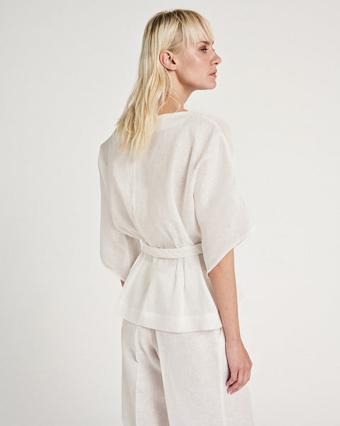 Elizabeth LaGre | Ivory Linen Belted Silhouette Top