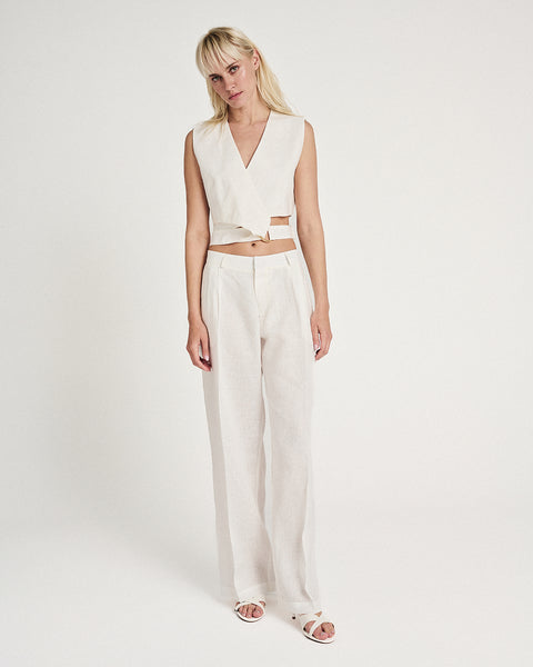 Elizabeth LaGre | Ivory Linen Pleated Wide Leg Trousers