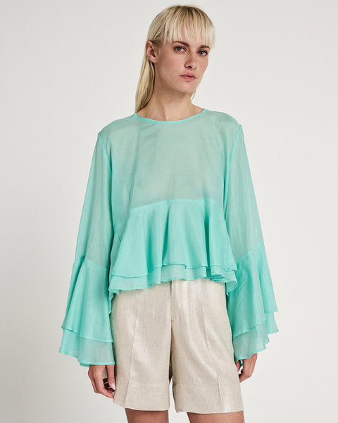 Elizabeth LaGre | Aqua Ruffled Sheer Top