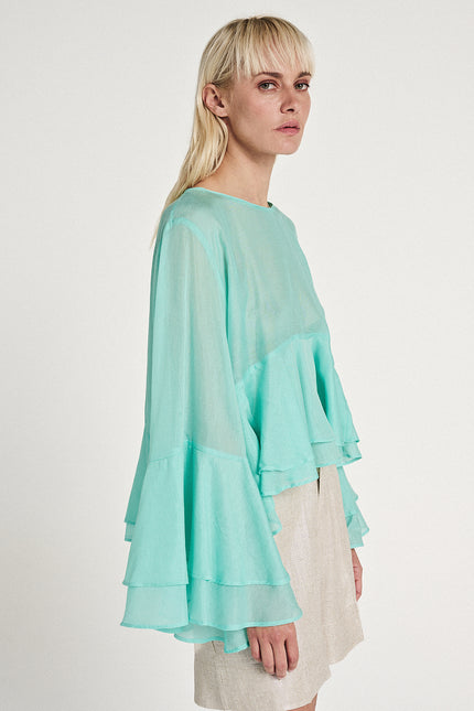 Elizabeth LaGre | Aqua Ruffled Sheer Top