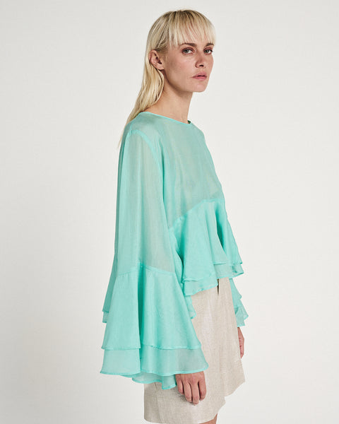 Elizabeth LaGre | Aqua Ruffled Sheer Top