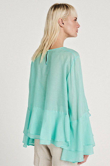 Elizabeth LaGre | Aqua Ruffled Sheer Top