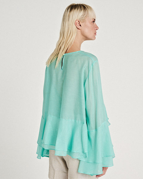 Elizabeth LaGre | Aqua Ruffled Sheer Top