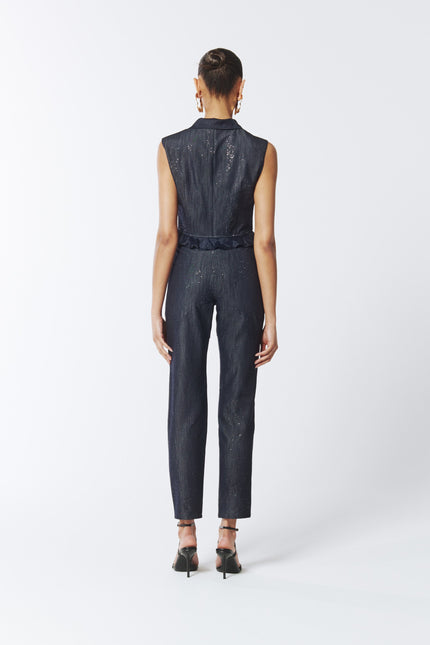 SOUR FIGS Embellished Sparkly Cut-Out Jeans in Profound Blue