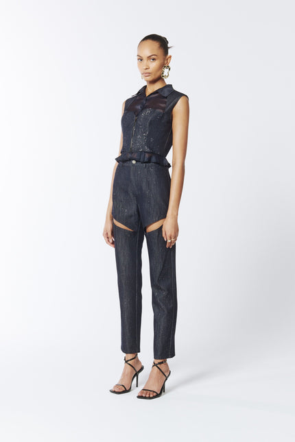 SOUR FIGS Embellished Sparkly Cut-Out Jeans in Profound Blue