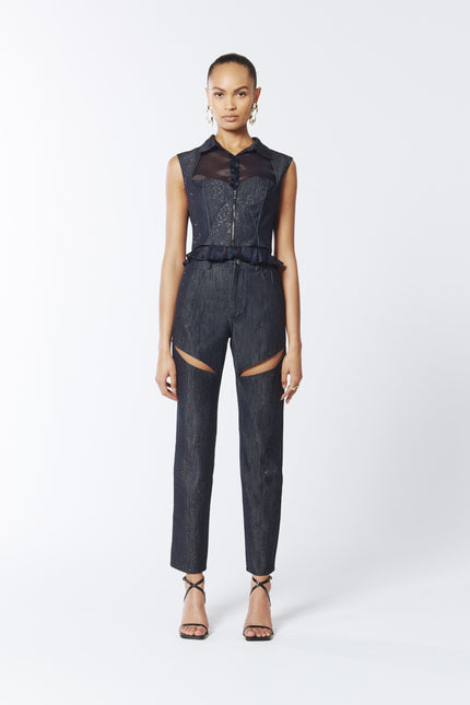 SOUR FIGS Embellished Sparkly Cut-Out Jeans in Profound Blue