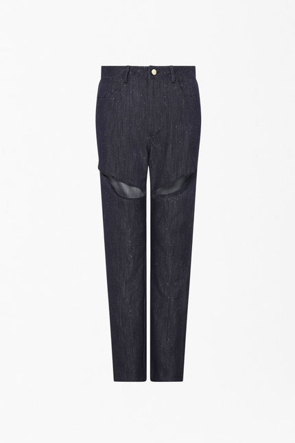 SOUR FIGS Embellished Sparkly Cut-Out Jeans in Profound Blue
