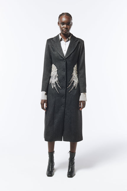 SOUR FIGS Embellished Wing Detail Single-Breasted Wool Blend Coat in Charcoal Grey