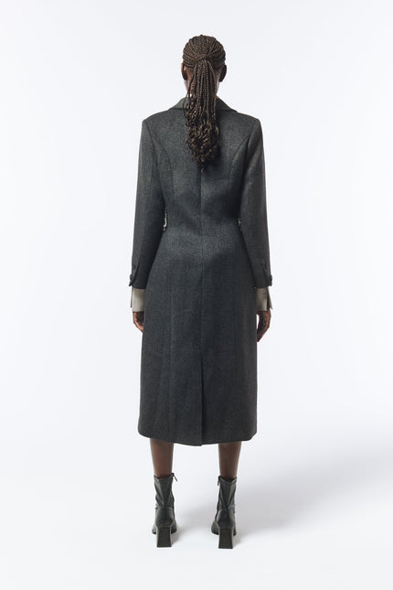 SOUR FIGS Embellished Wing Detail Single-Breasted Wool Blend Coat in Charcoal Grey