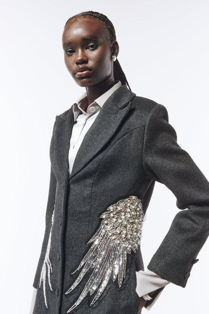 SOUR FIGS Embellished Wing Detail Single-Breasted Wool Blend Coat in Charcoal Grey