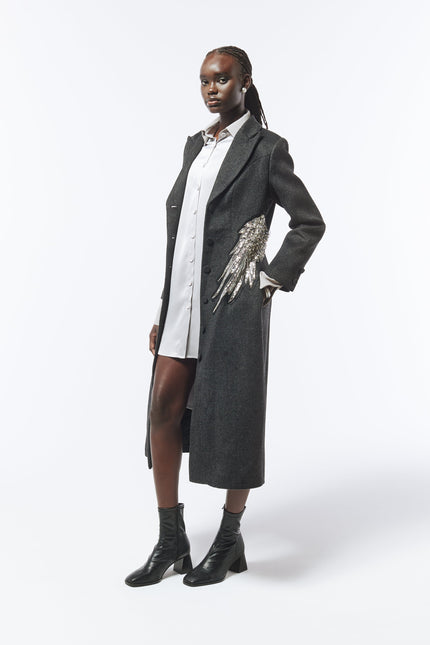 SOUR FIGS Embellished Wing Detail Single-Breasted Wool Blend Coat in Charcoal Grey