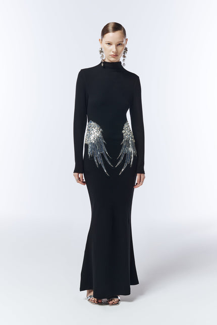 SOUR FIGS Embellished Wing Detail Evening Dress in Black – full-length black gown with silver crystal wing motifs.