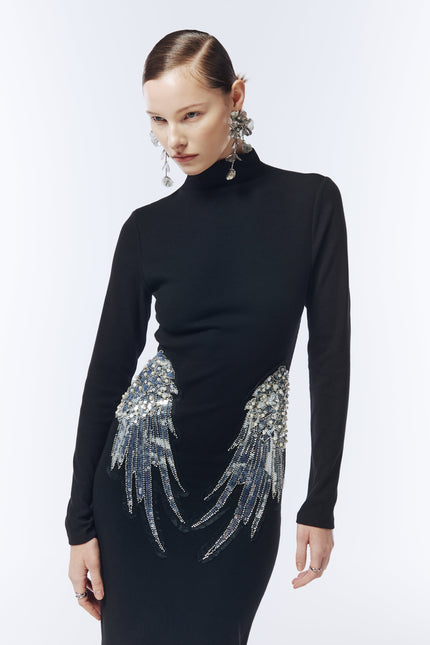SOUR FIGS Designer embellished black maxi dress ideal for red carpet, formal or party occasion. 