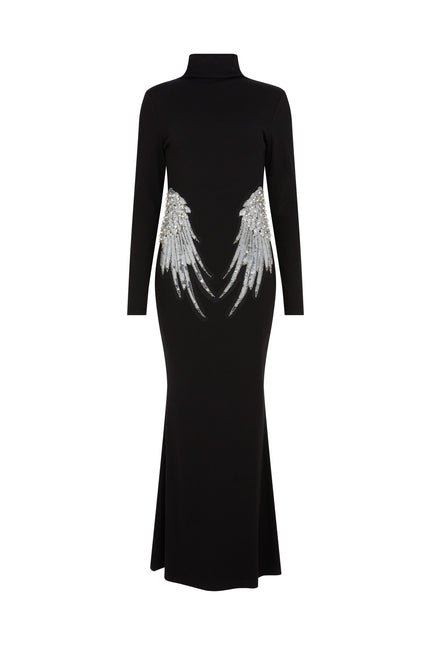 Black embellished gown with fitted silhouette and wing crystal design – SOUR FIGS womenswear.