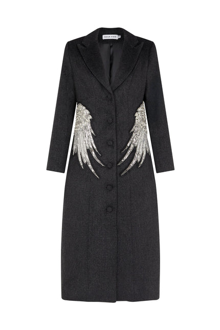 SOUR FIGS Embellished Wing Detail Single-Breasted Wool Blend Coat in Charcoal Grey