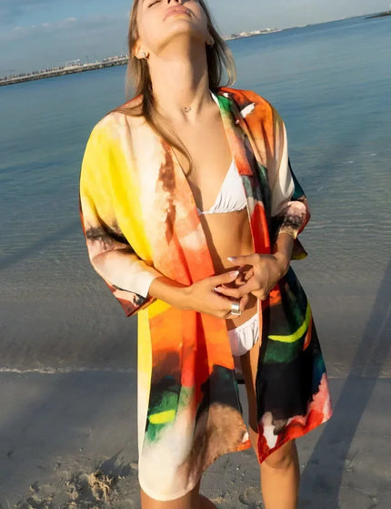 Enigma Abstract Print Multicolor Short Kimono