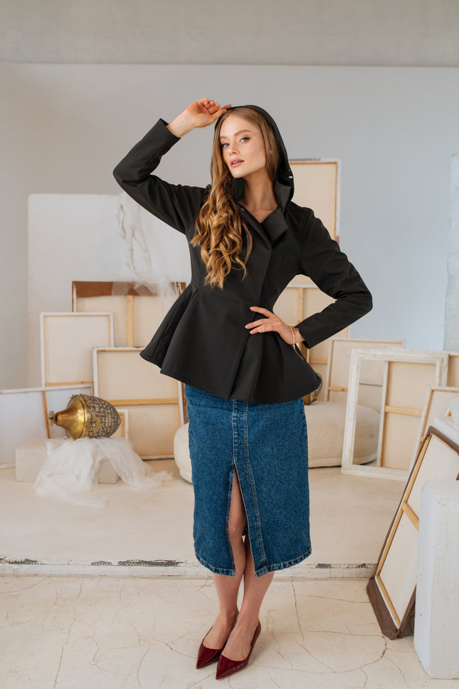 RainSisters | Double Breasted Jacket with Detachable Hood in Black 'Evening Blush'