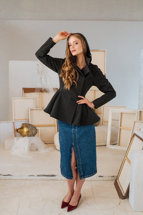 RainSisters | Double Breasted Jacket with Detachable Hood in Black 'Evening Blush'