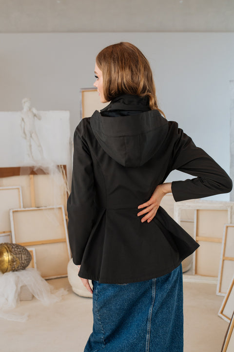 RainSisters | Double Breasted Jacket with Detachable Hood in Black 'Evening Blush'