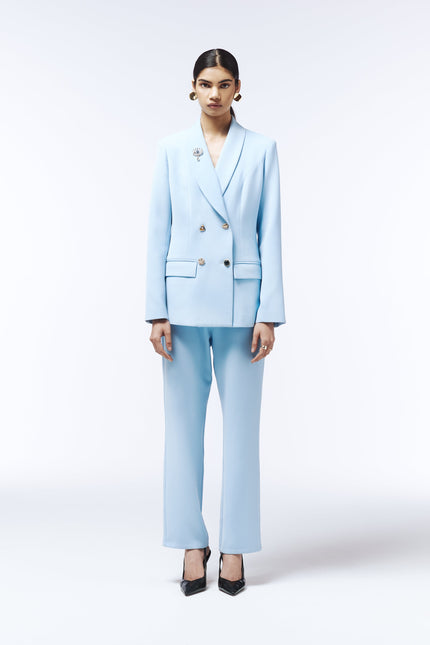 SOUR FIGS sky blue tailored blazer with embellished buttons and crystal brooch