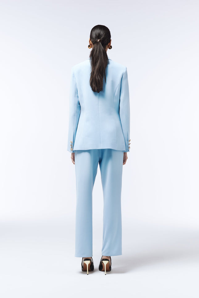 Elegant women’s sky blue blazer with detachable brooch by SOUR FIGS