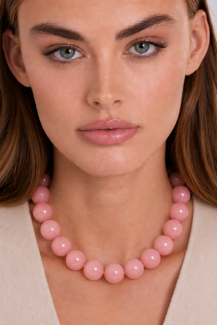 Abigail 14Mm Rose Quartz Knotted Semi Precious Bead Necklace